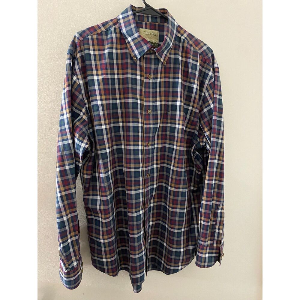 Cabelas Outfitter Series Mens Large Reg Plaid Long Sleeve Button Down Shirt Blue